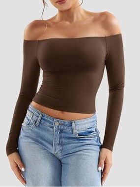 AMAZON Brown Butter Women's Off-Shoulder Long Sleeve Top
